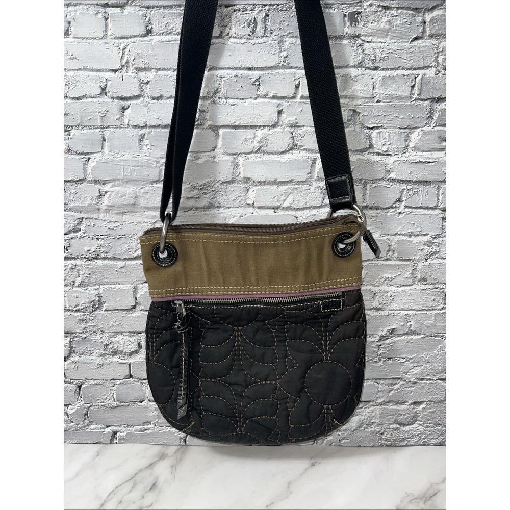 Vintage Fossil Key-Per Crossbody Bag Purse Quilted Canvas Black Brown ✅